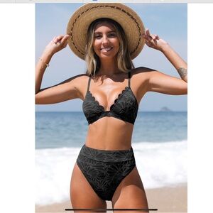 Dark Teal - Floral Jacquard Scalloped Bralette & High Waist Bikini Set